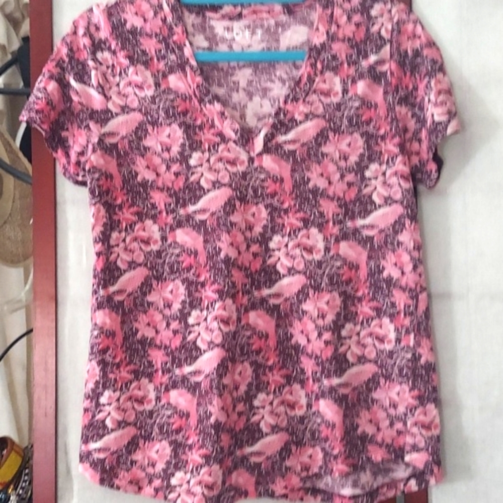 LOFT Pink Birdy floral design  asymmetric Tee Shirt Sz S